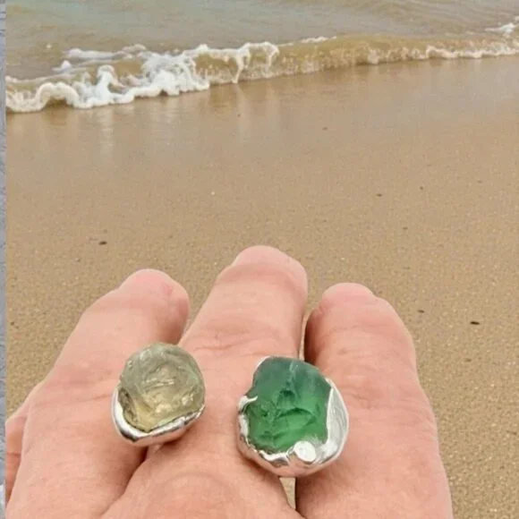 Sea Glass Balance Ring With Upcycled Silver Spoon Band Artisan Crafted Adjust. - Picture 7 of 14